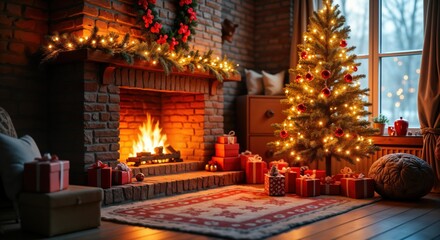 Cozy living room with fireplace, Christmas tree. Warm Christmas lights, decorated fir tree, gift boxes create festive atmosphere. Burning fire in fireplace adds touch of magic, comfort. Cozy winter