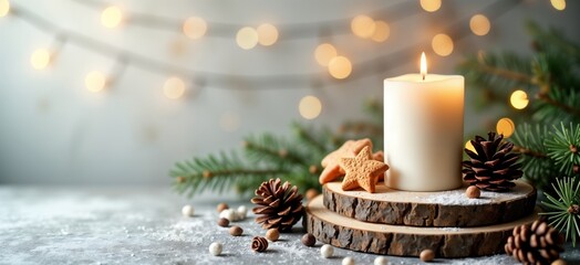 White candle burns on wooden slice. Natural decor pine cones, gingerbread cookies, fir branch. Festive lights bokeh, rustic table. Christmas card, advert, holiday season, winter home decor.