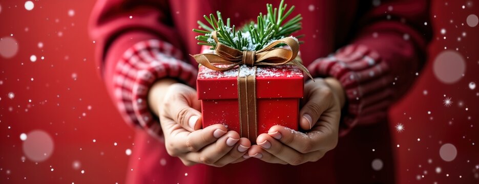 Female hands in pullover hold Christmas gift box on red background. Evergreen branch decorates gift box with golden ribbon. Falling snow. Minimalist Christmas gift theme for Christmas New Year