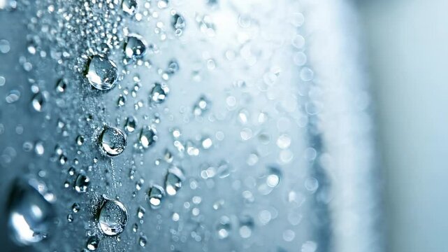 Condensation beads on a moist surface, showcasing a lifelike depiction of serum droplets on transparent liquid for skin care, enhancing the aesthetic of a shower or bath wall. Video