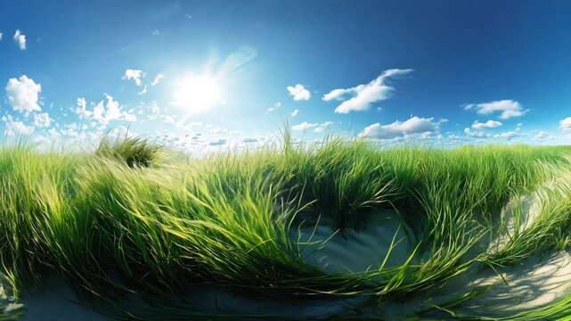 An immersive 360-degree equirectangular panorama of a serene seagrass meadow, with sunlight filtering through the swaying blades of Video