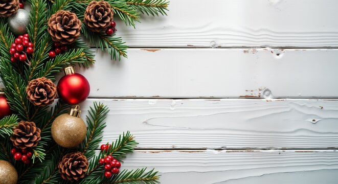 Christmas tree branch with pine cones, red berries, golden, red ornaments on white wooden background. Holiday decor for xmas, new year celebration. Greeting card banner template. Winter season, - Powered by Adobe