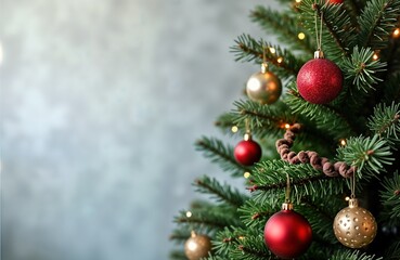 Fototapeta premium Christmas tree decorated with red and gold ornaments, string lights. Grey background provides copy space. Festive and abstract design for holiday greeting cards, wallpapers or other graphic projects.