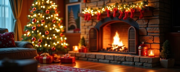 Christmas tree with garland and lights is in decorated room with fireplace. Red stocking hung over mantel. Gifts and candle on wooden floor. Cozy home interior.