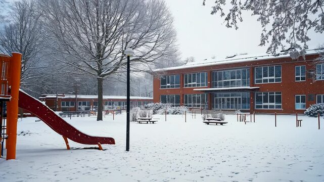 Snow covered school building exterior in winter, frosty yard for outdoor play. Snowy landscape, perfect for learning and childhood adventures, outside, cold weather Video
