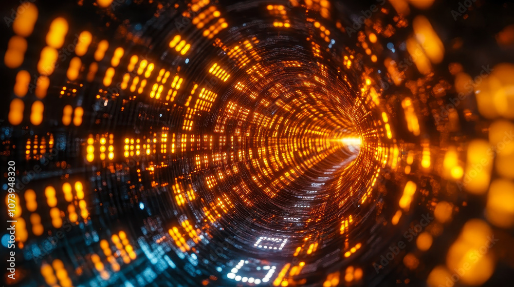 Poster futuristic data flow through circular gateway with glowing orange binary code in matrix background