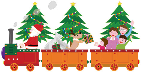 クリスマスにサンタクロースとトナカイが蒸気機関車でプレゼントを渡しているイラスト素材です。