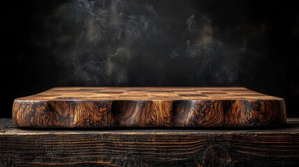 A wooden cutting board with a smooth surface and subtle smoke against a dark background.