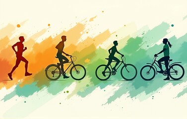Obraz premium Active lifestyle illustration with runners and cyclists