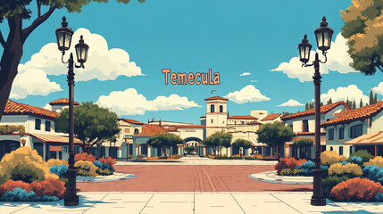 Temecula, USA, modern french vintage travel poster with bold title. Cityscape and city skyline.Classic traditional. Clear, simple, trendy