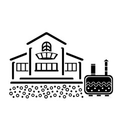 Vector illustration, logo, septic tank barrel icon and house. Isolated on a white background.