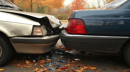 Auto accident involving two cars on a city street – silver car with front damage and blue car in autumn setting.