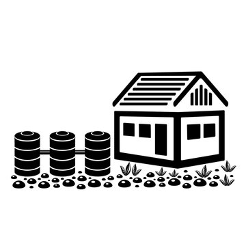 Vector illustration, logo, septic tank barrel icon and house. Isolated on a white background.