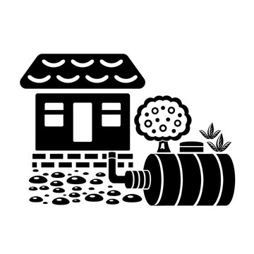 Vector illustration, logo, septic tank barrel icon and house. Isolated on a white background.