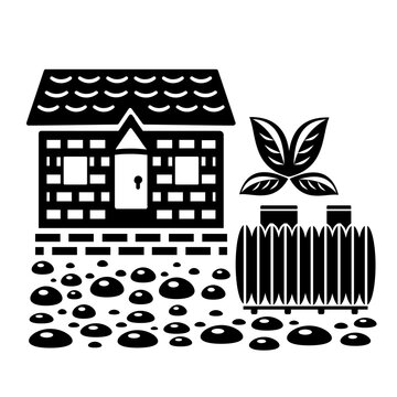 Vector illustration, logo, septic tank barrel icon and house. Isolated on a white background.