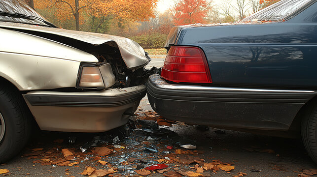 Auto accident involving two cars on a city street &ndash; silver car with front damage and blue car in autumn setting.