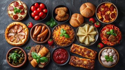 A variety of food items laid out on a gray background, including pizza, pasta, rice, and pastries.