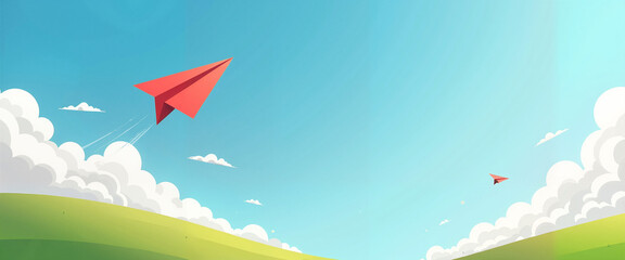 Red paper airplanes soaring high in a blue sky above green hills and fluffy clouds