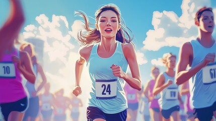 Brunette Woman in Her 40s Running a Marathon Amidst a Group of Runners on a Bright Sunny Day