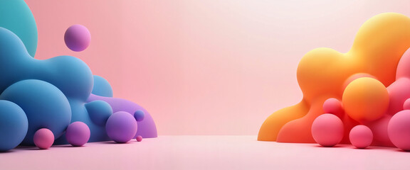 Colorful abstract shapes and spheres creating a playful environment on a pastel background