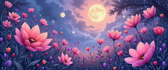 Vibrant flower field under the full moon with starry sky and mystical atmosphere