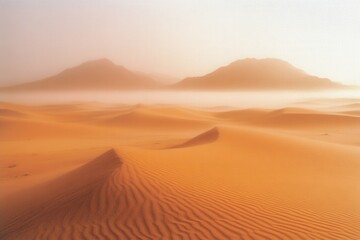 Desert Landscape with Fog: Sand dunes partially covered in morning fog