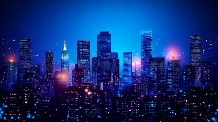 Fototapeta premium Nighttime cityscape with glowing lights and a blue sky.