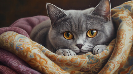 Kot rasy, który relaksuje się na kocu, ale jego ciekawość i zainteresowanie otoczeniem nadają scenie wyjątkowy urok. 