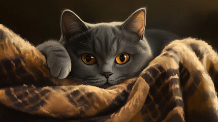 Kot rasy, który relaksuje się na kocu, ale jego ciekawość i zainteresowanie otoczeniem nadają scenie wyjątkowy urok. 