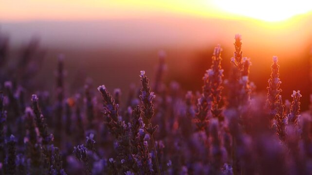 Provence landscape with lavender field and sunset on horizon. France.