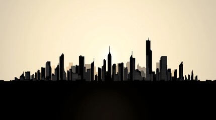 Fototapeta premium Silhouette of a city skyline with a sun rising over it.