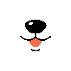 Pixel art black dog with orange tongue. Minimalistic dog character in retro pixelated design