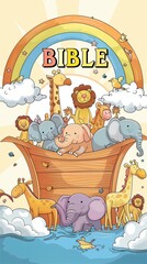 Colorful Illustration of Noah's Ark with Happy Animals and Rainbow from Bible Story