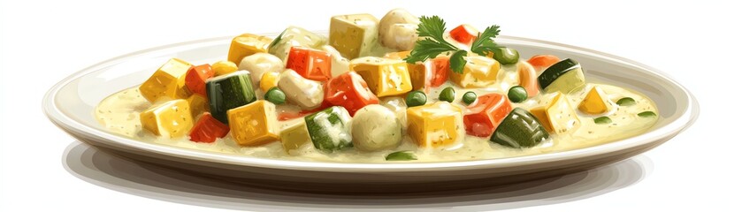 A plate of creamy mixed vegetable curry with tofu and herbs.