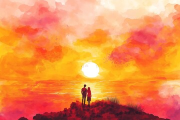 A vibrant watercolor illustration of a couple standing on a cliff, watching a warm, colorful sunset over the ocean with orange and pink clouds filling the sky, evoking romance and tranquility
