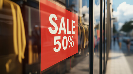  Szklane drzwi z widocznym napisem SALE 50% w sklepie odzieżowym, kt&oacute;ry skutecznie przyciąga uwagę potencjalnych klient&oacute;w z okazji czarnego piątku.
