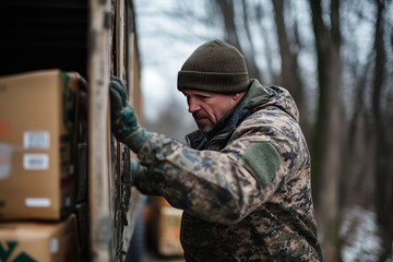 Obraz premium A man in camouflage clothing unloads supplies from a truck. 