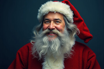 Naklejka premium Smiling Santa Claus Portrait in Red Suit with Blue Background and Yellow Accents.