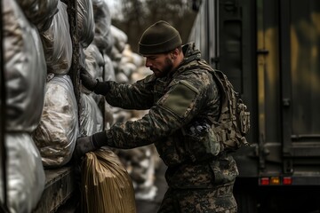 Fototapeta premium A man in camouflage clothing unloads supplies from a truck. 