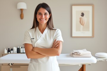 A woman massagist is standing in front of her massage table, smiling with crossed arms and wearing white, spa, massage, clinic and cosmetology service, beauty poster, banner, copy space
