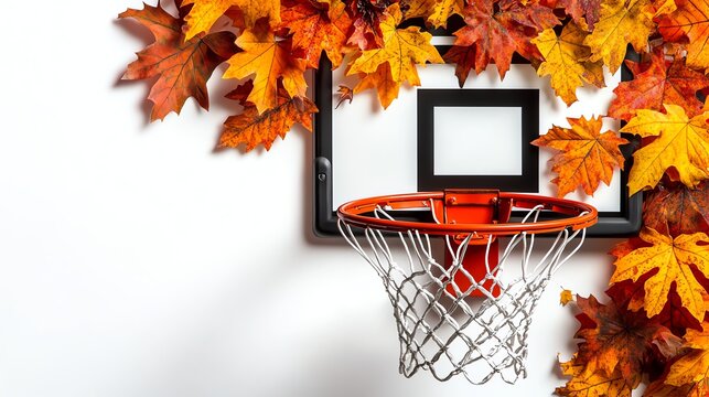Basketball hoop surrounded by vibrant autumn leaves on a clear background.