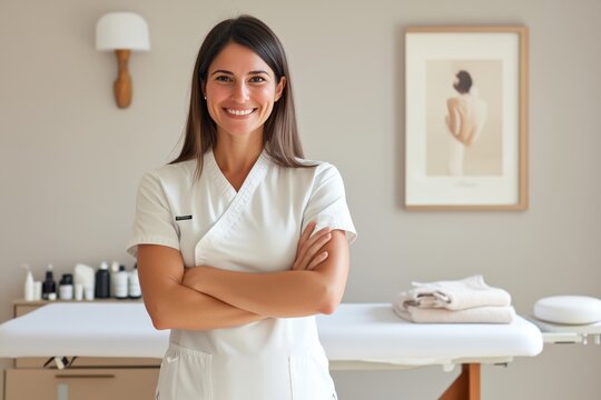 A woman massagist is standing in front of her massage table, smiling with crossed arms and wearing white, spa, massage, clinic and cosmetology service, beauty poster, banner, copy space