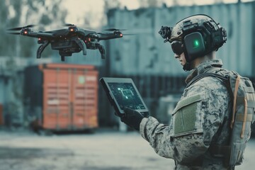 Fototapeta premium Mobile military base, soldier engineer transmits aerial pictures and data from drone to artillery. Concept of smart war by robots 