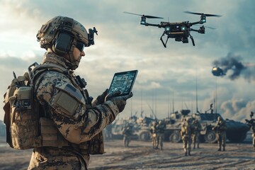 Mobile military base, soldier engineer transmits aerial pictures and data from drone to artillery. Concept of smart war by robots