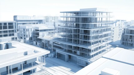 Modern Architectural Blueprint of Urban Buildings Capturing a Sophisticated Cityscape in Detailed 3D Rendering