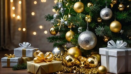 Tree: A lush green tree decorated with golden and silver baubles, shimmering garlands, and stars. At the top, a sparkling star, with gifts in bright wrapping under the tree.