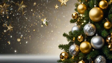 Tree: A lush green tree decorated with golden and silver baubles, shimmering garlands, and stars. At the top, a sparkling star, with gifts in bright wrapping under the tree.