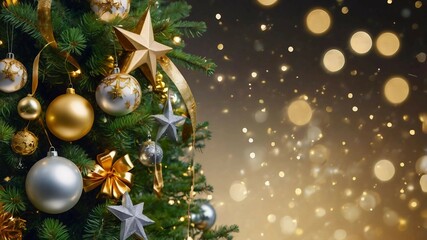 Tree: A lush green tree decorated with golden and silver baubles, shimmering garlands, and stars. At the top, a sparkling star, with gifts in bright wrapping under the tree.