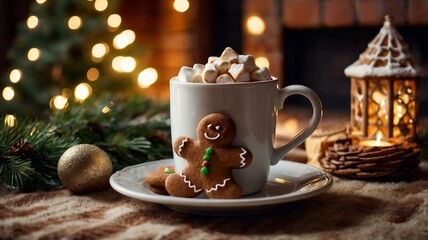 A cozy living room photo. A mug of hot chokolate and gingerbread on the table. Warm lighting creates a festive atmosphere