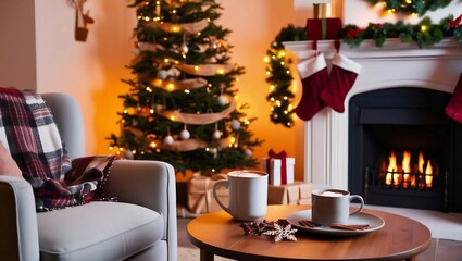 A cozy living room photo. A mug of hot chokolate and gingerbread on the table. Warm lighting creates a festive atmosphere